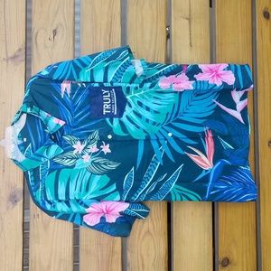 Truly Hard Seltzer Mens Collared Short Sleeve Blue Pink Tropical Hawaii Shirt